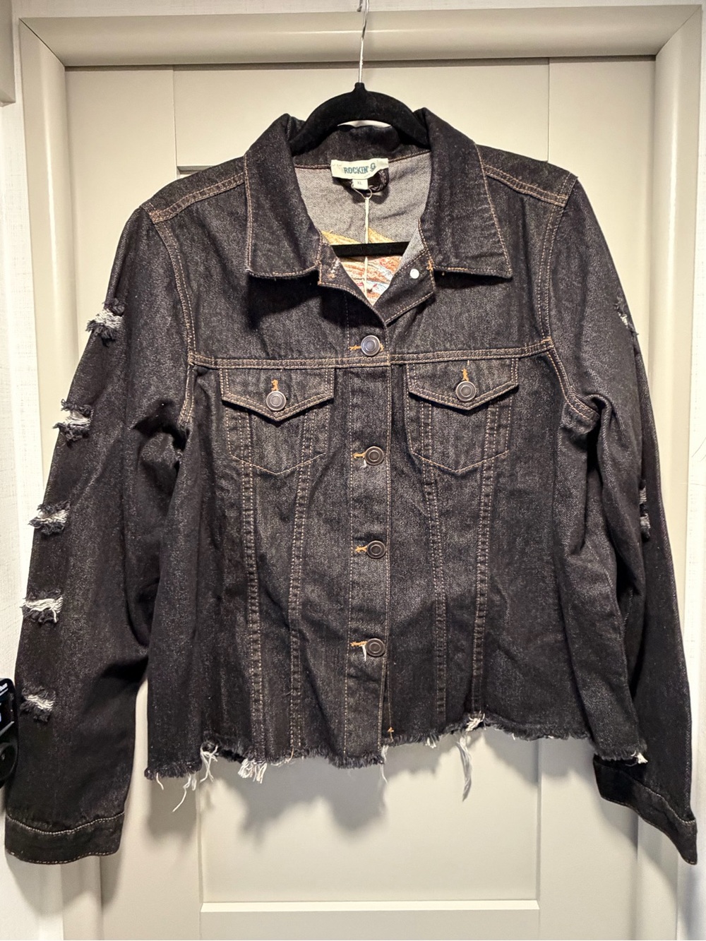 NWT Black Embroidered Denim Jacket with Colorful Headdress - Picture 2 of 10